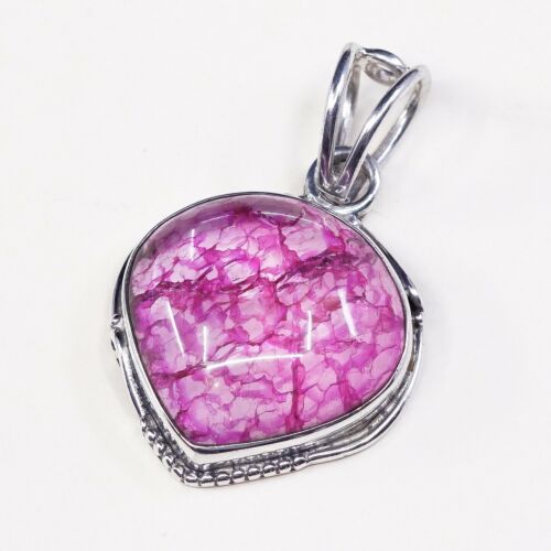 Vtg Sterling 925 Silver Handmade Filigree Pendant W/ Pink tourmilated quartz