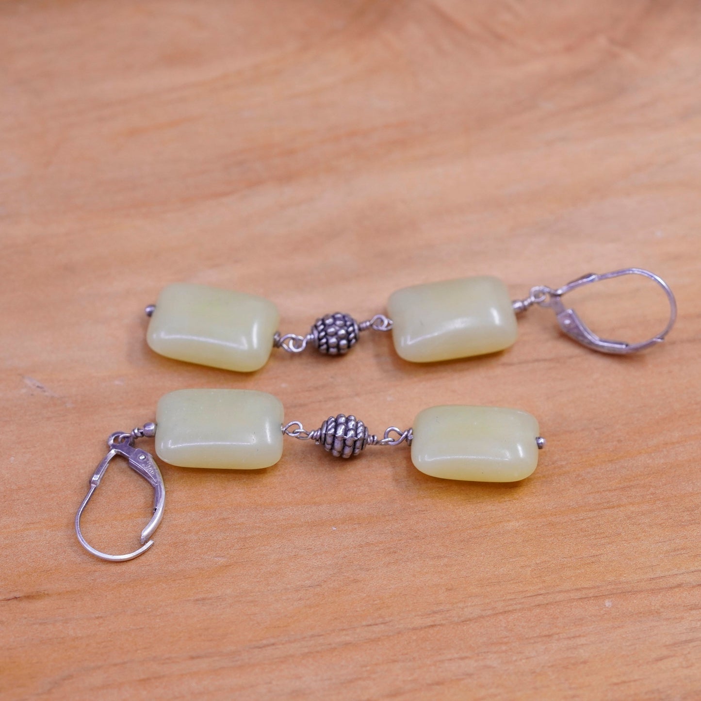 2.25”, Vintage Sterling 925 silver handmade earrings with jade beads