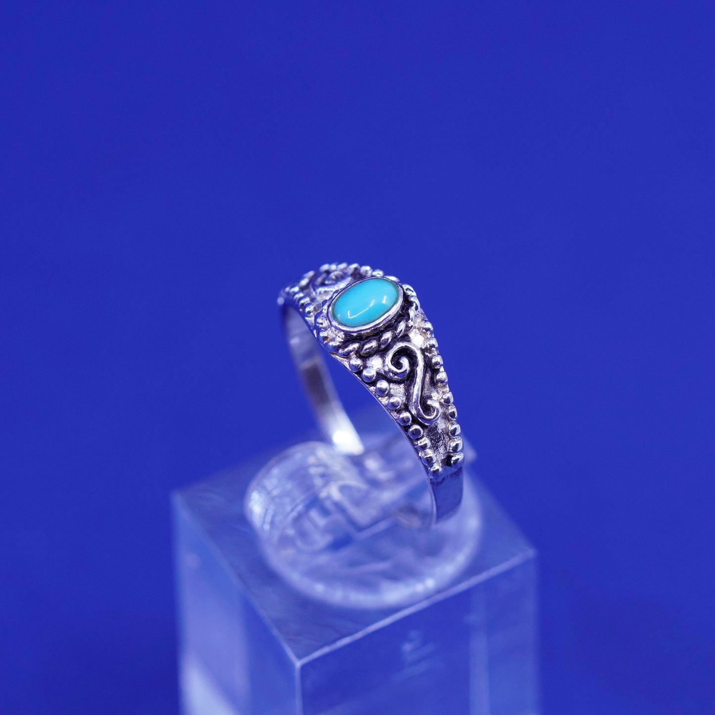Size 8, vintage sterling silver handmade ring, 925 filigree band with blue onyx