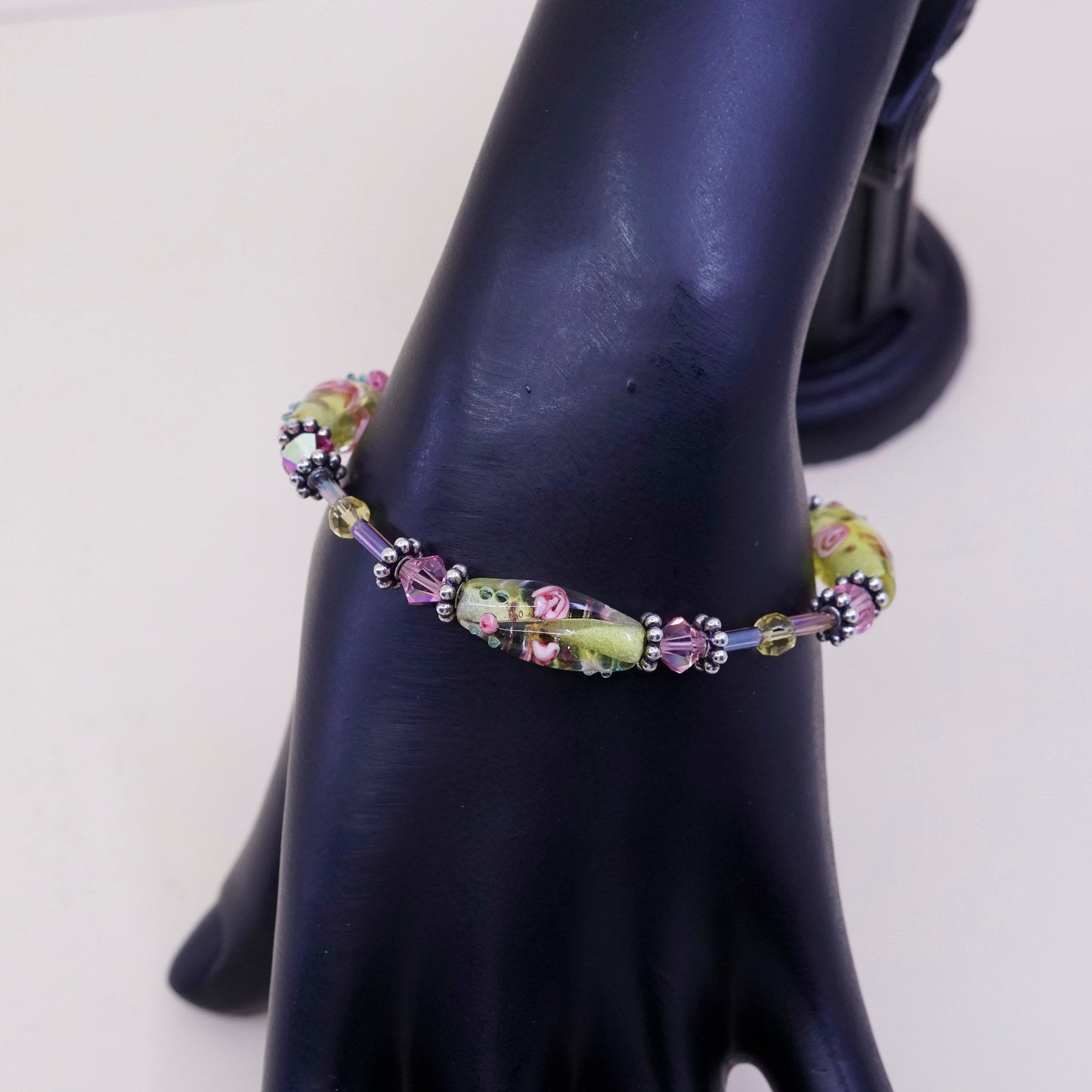 6.5”, vintage handmade bracelet with artisan glass and toggle closure