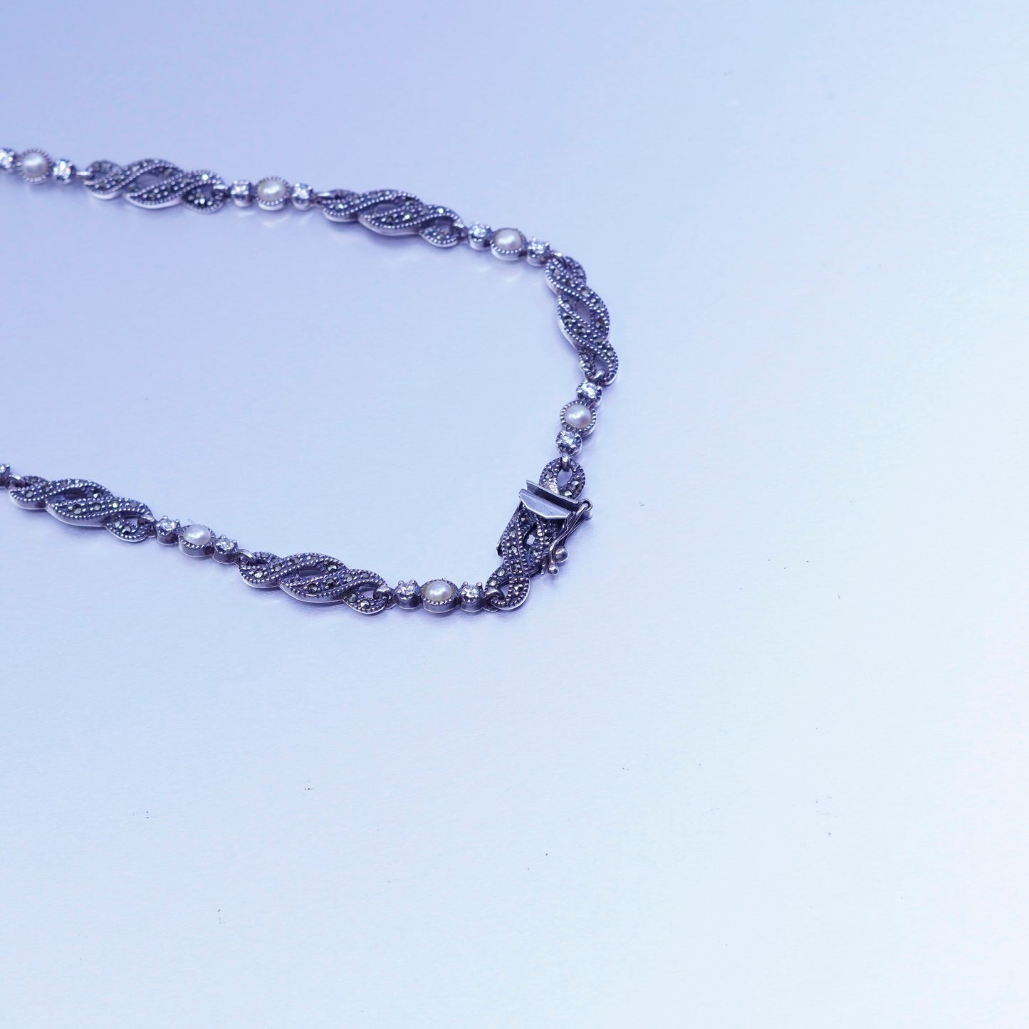 16”, Judith Jack Sterling 925 silver wavy chain tennis necklace Marcasite pearl
