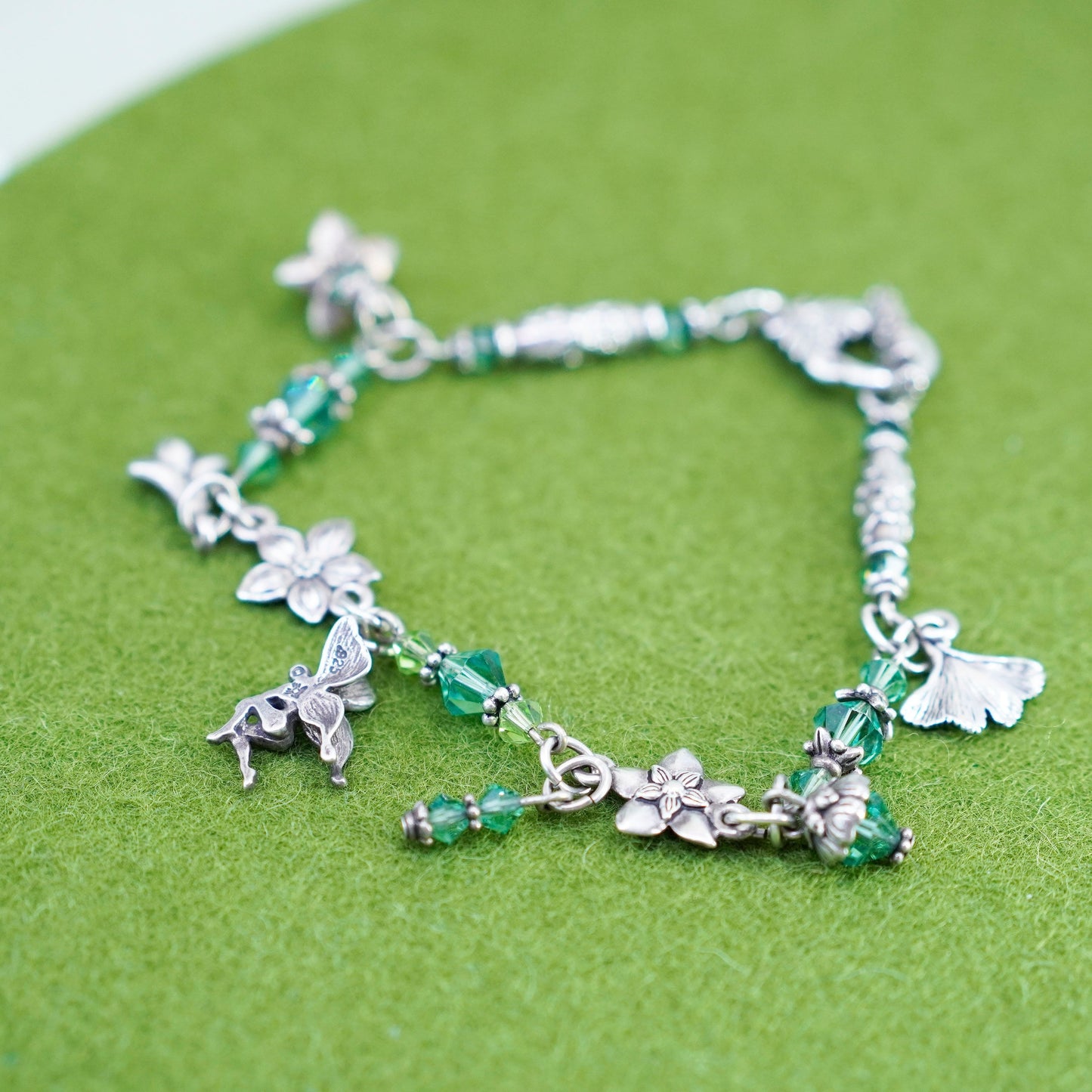 7”, Sterling 925 silver beads bracelet fairy flower charms green crystal