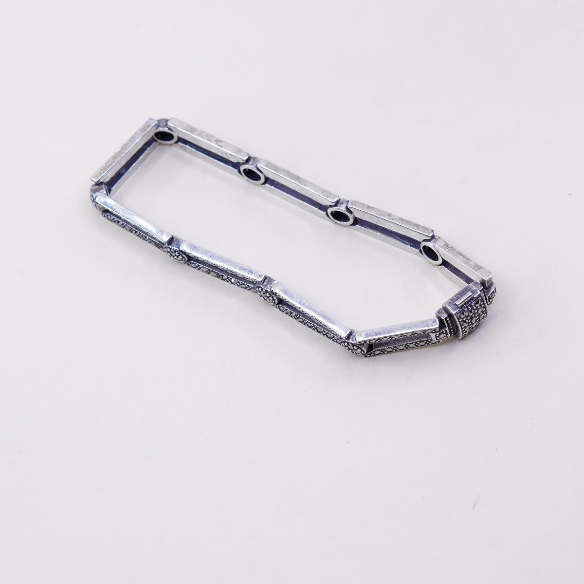 7.25”, Sterling 925 Silver, elongated chain, tennis Bracelet with marcasite