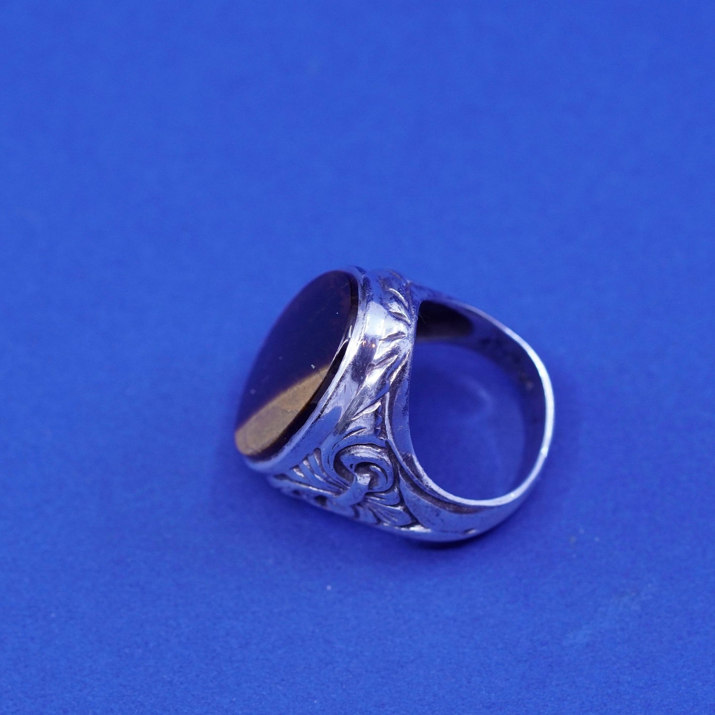 Size 9.25, Sterling 925 silver statement ring with golden tiger eye and relief