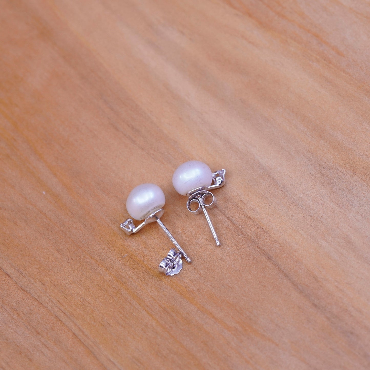 Vintage Sterling silver handmade earrings, 925 pearl studs and Cz