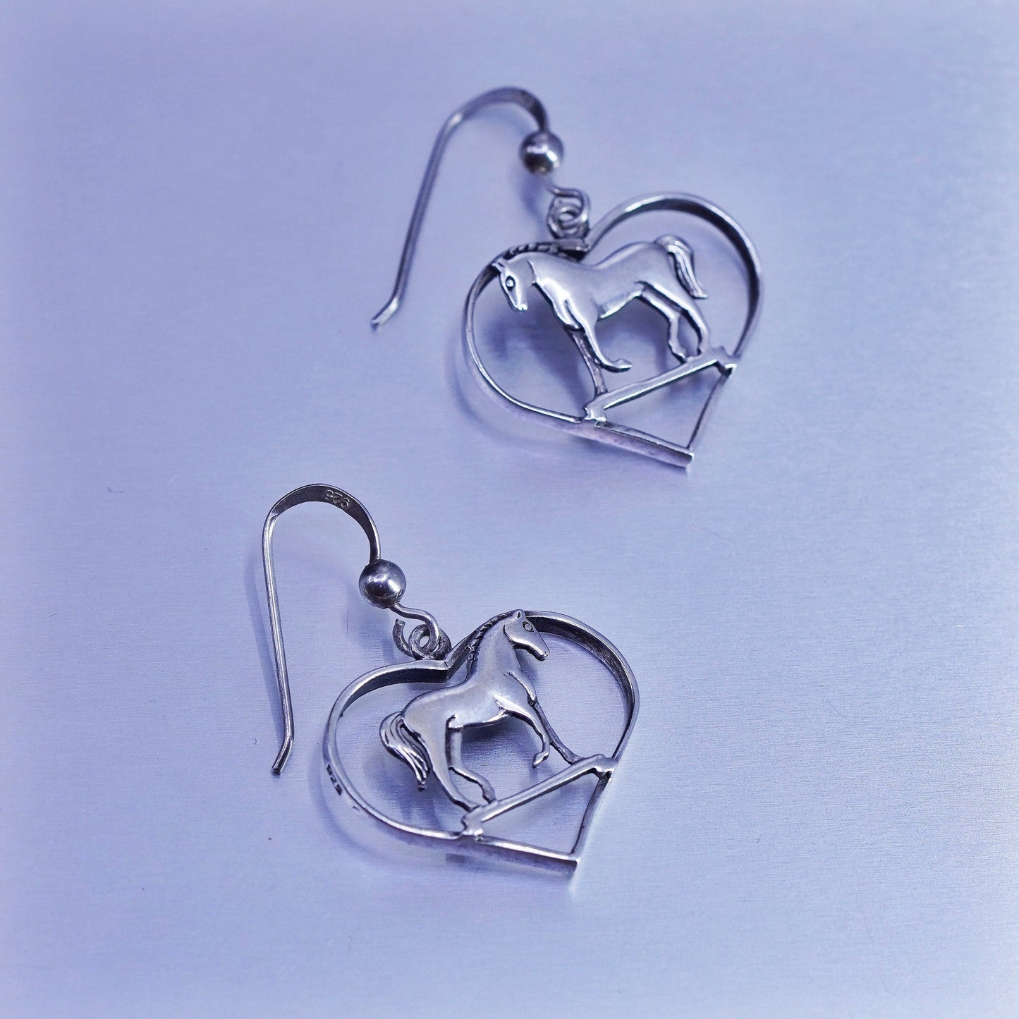 Vintage Sterling 925 silver handmade heart earrings with horse