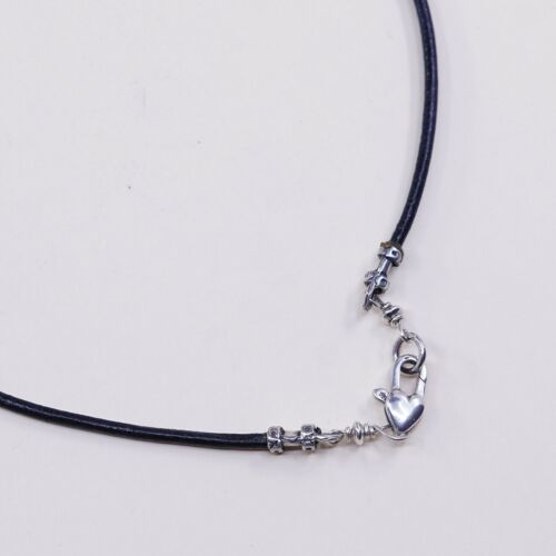18”, Vtg Handmade Sterling 925 Silver Slide Pendant W/ Black Leather Necklace