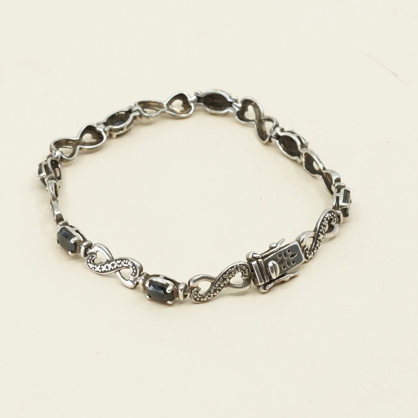 7.5” Vintage sterling 925 silver double heart with obsidian tennis bracelet