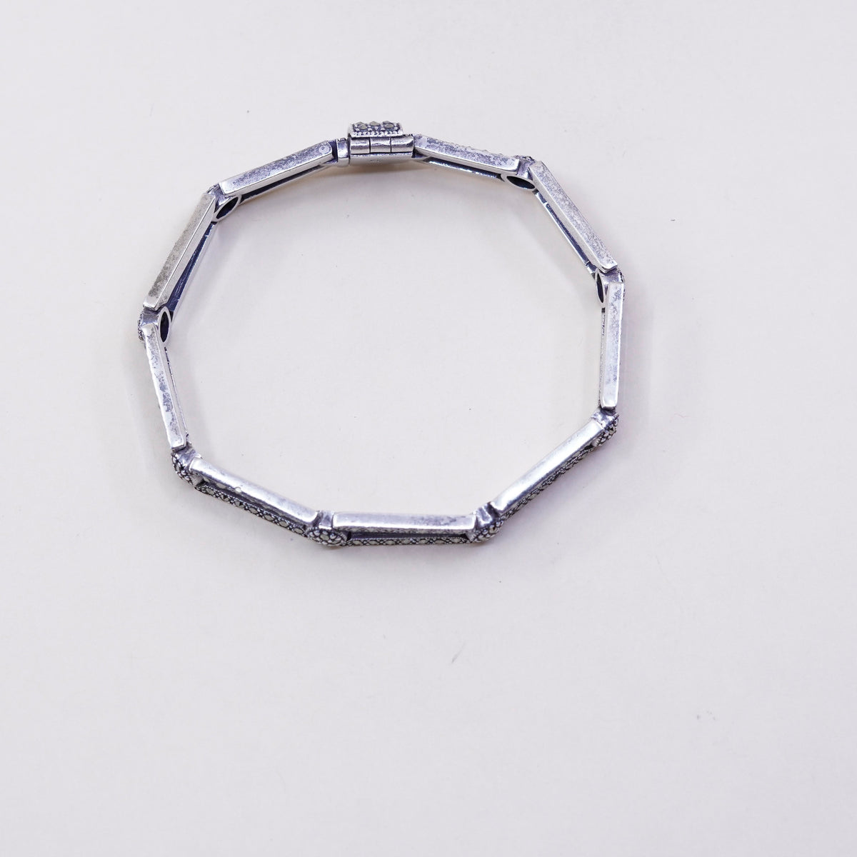 7.25”, Sterling 925 Silver, elongated chain, tennis Bracelet with marcasite