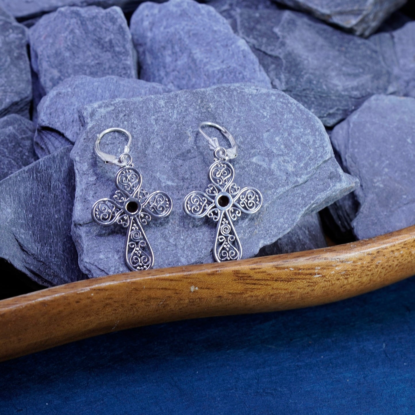 Vintage Sterling silver handmade earrings, 925 filigree cross with ruby