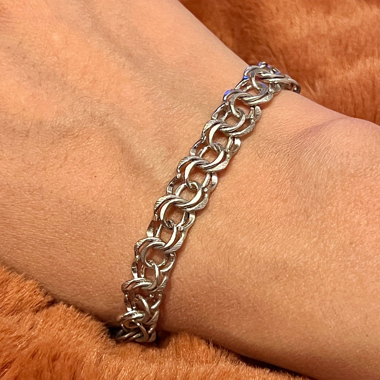 6.5”, 9mm, Vintage sterling silver double curb bracelet, 925 chain