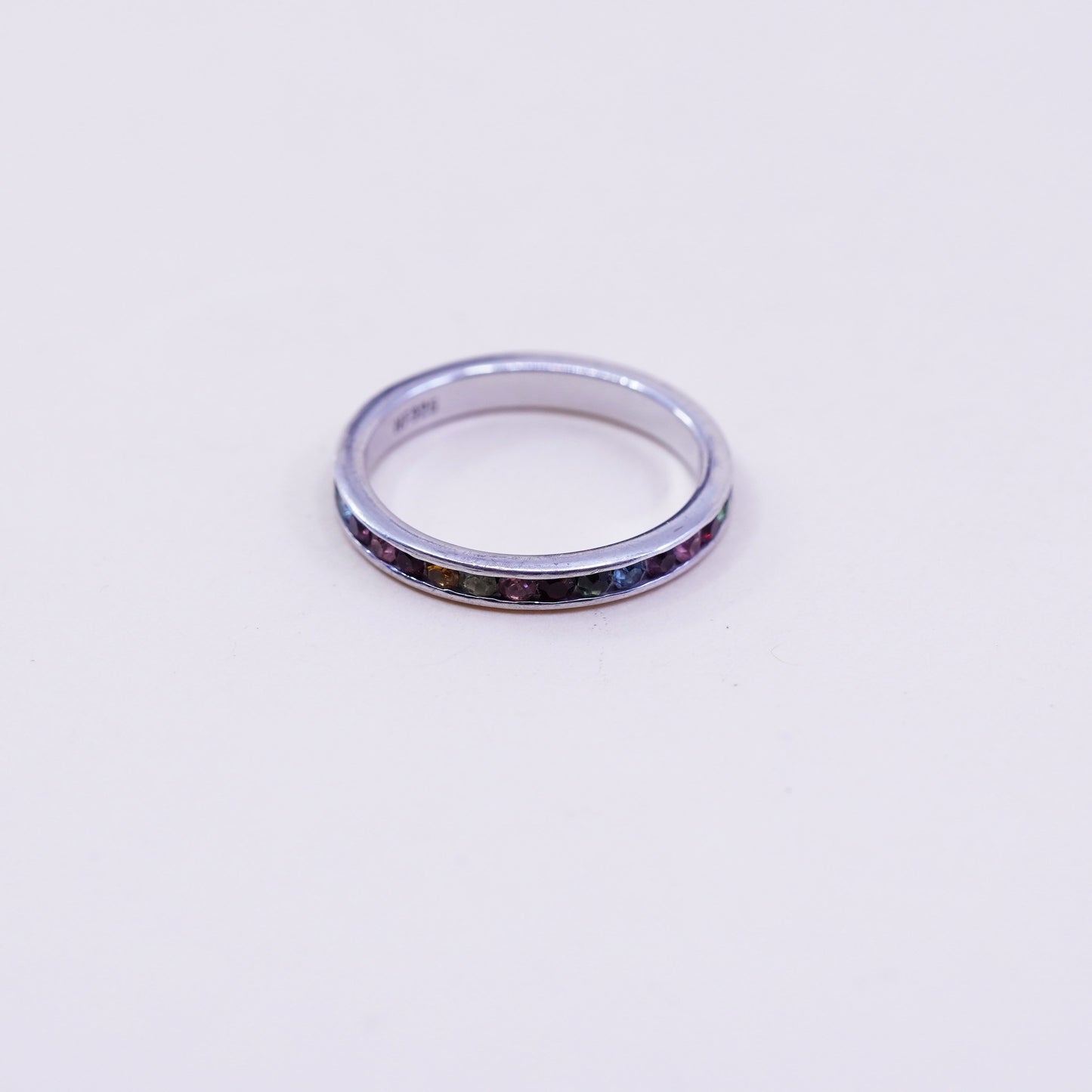 Size 8.25, Sterling 925 silver stackable ring, wedding band with colorful CZ