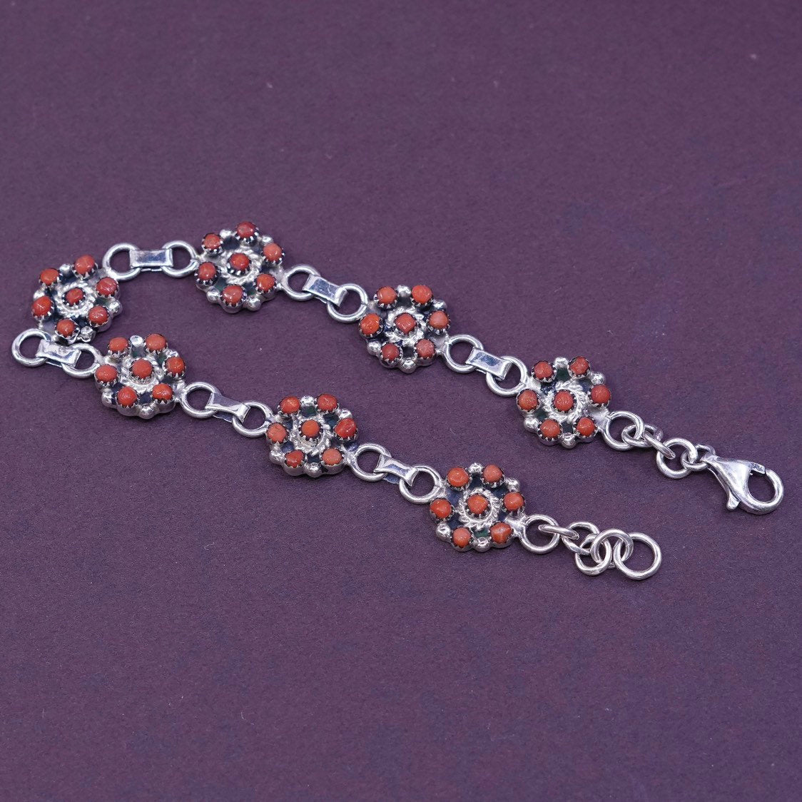 7.5", Native American Mary Sterling silver bracelet, navajo 925 flower w/ coral