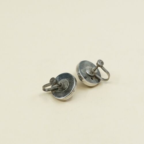 Vtg Sterling 925 Silver Handmade Screw Back Earrings With obsidian