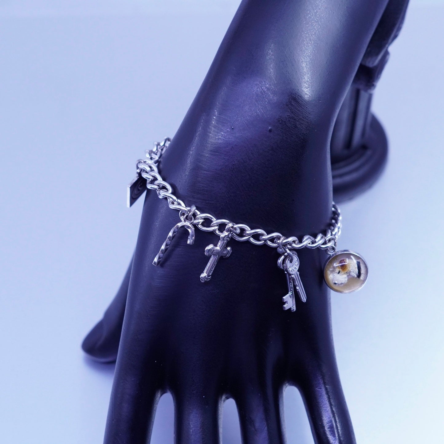6.5”, Italy Sterling 925 silver bracelet, curb chain heart cross key dog charm