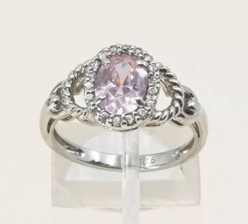 Sz 6.5, Sterling Silver Ring, 925 Silver Engagement Ring W/ pink Crystal N Cable