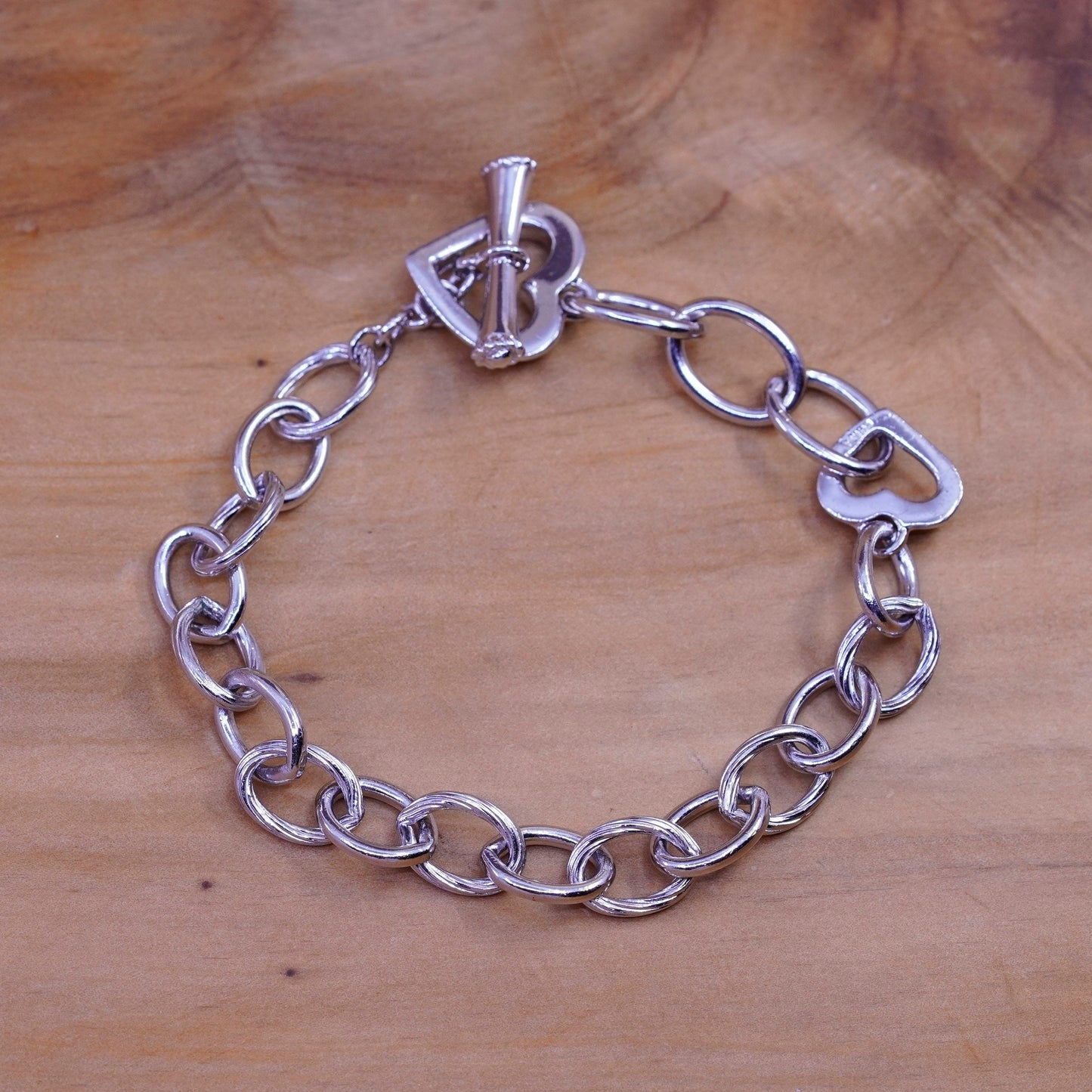 7.25”, Sterling silver charm bracelet, 925 bold circle chain heart tag charm