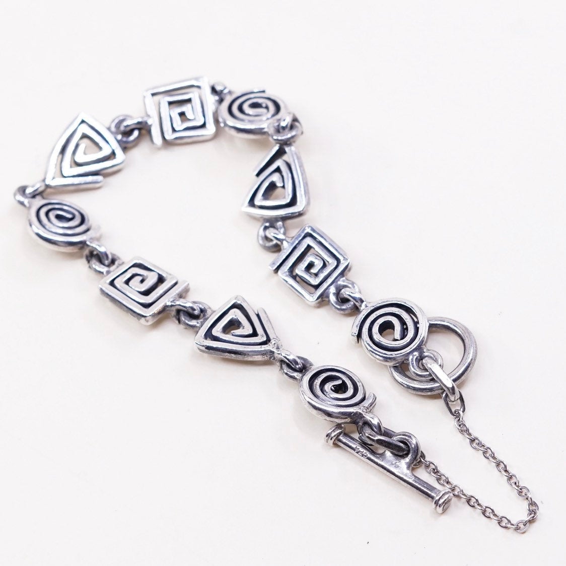 7", VTG sterling silver bracelet, italy 925 swirl link chain w/ toggle closure