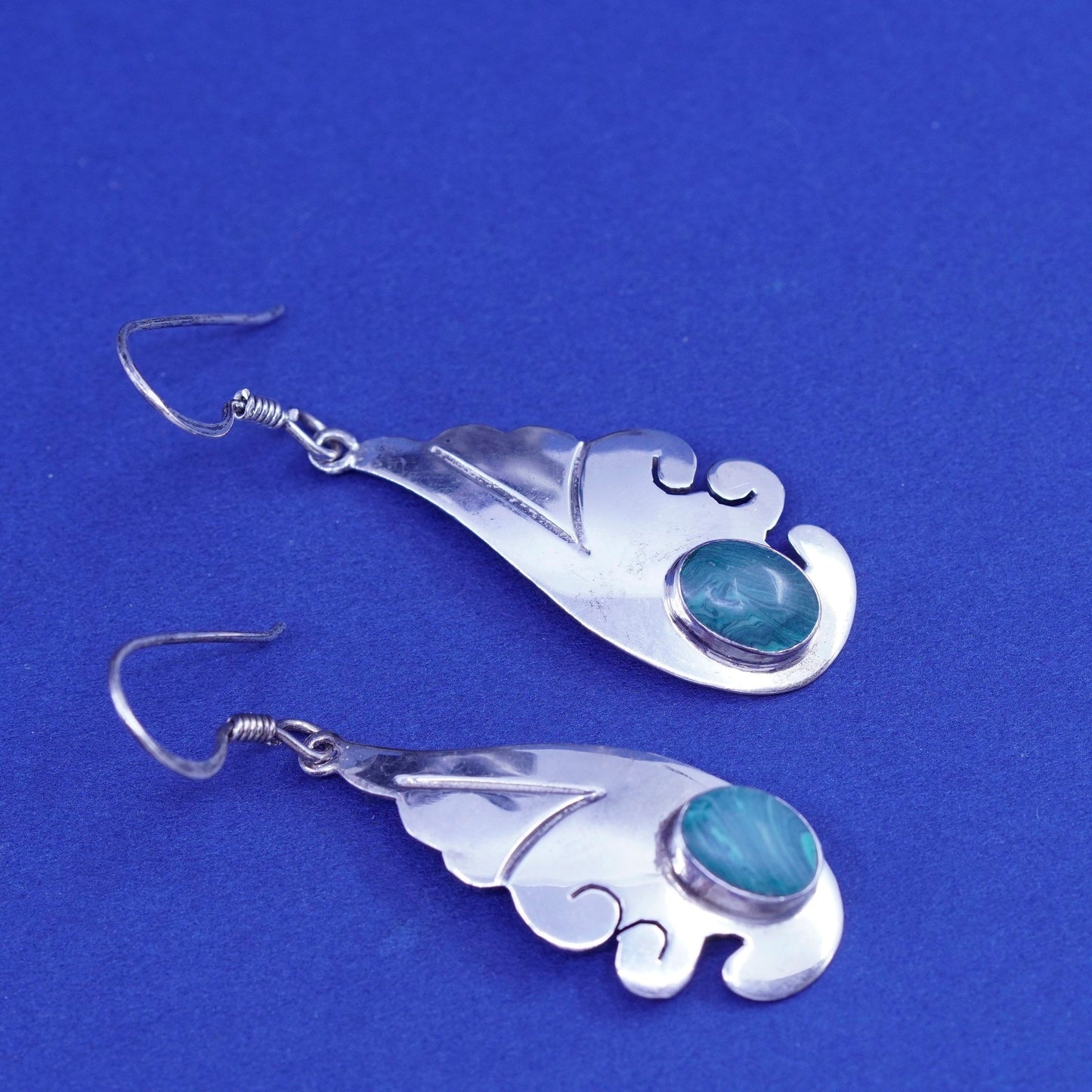 vtg mexico sterling silver handmade earrings, 925 wings dangles oval malachite