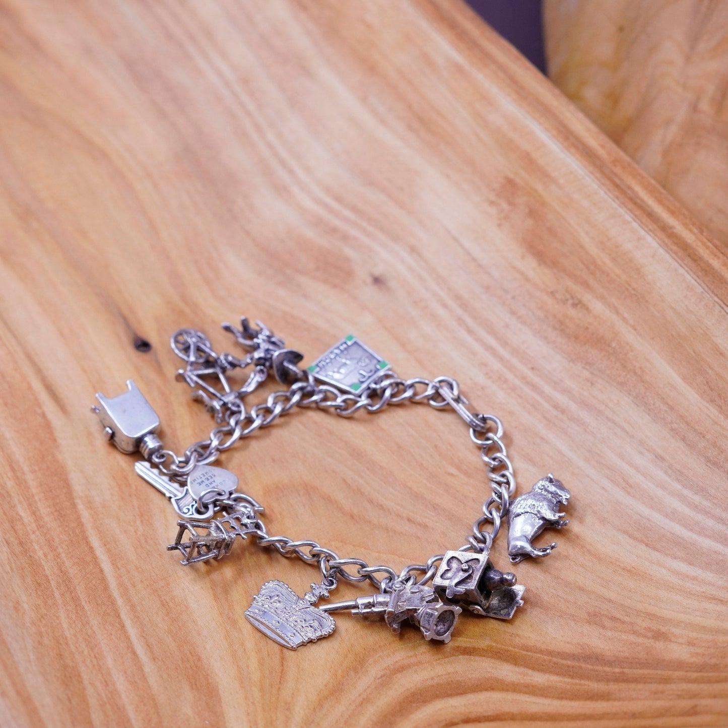 7”, 4mm, vintage Sterling silver handmade curb bracelet, 925 chain w/ 10 charms