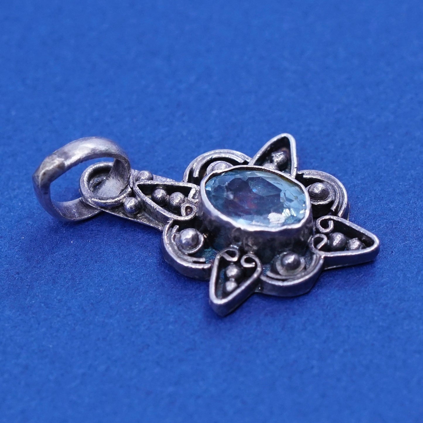 Vintage sterling 925 silver handmade pendant with blue topaz and beads