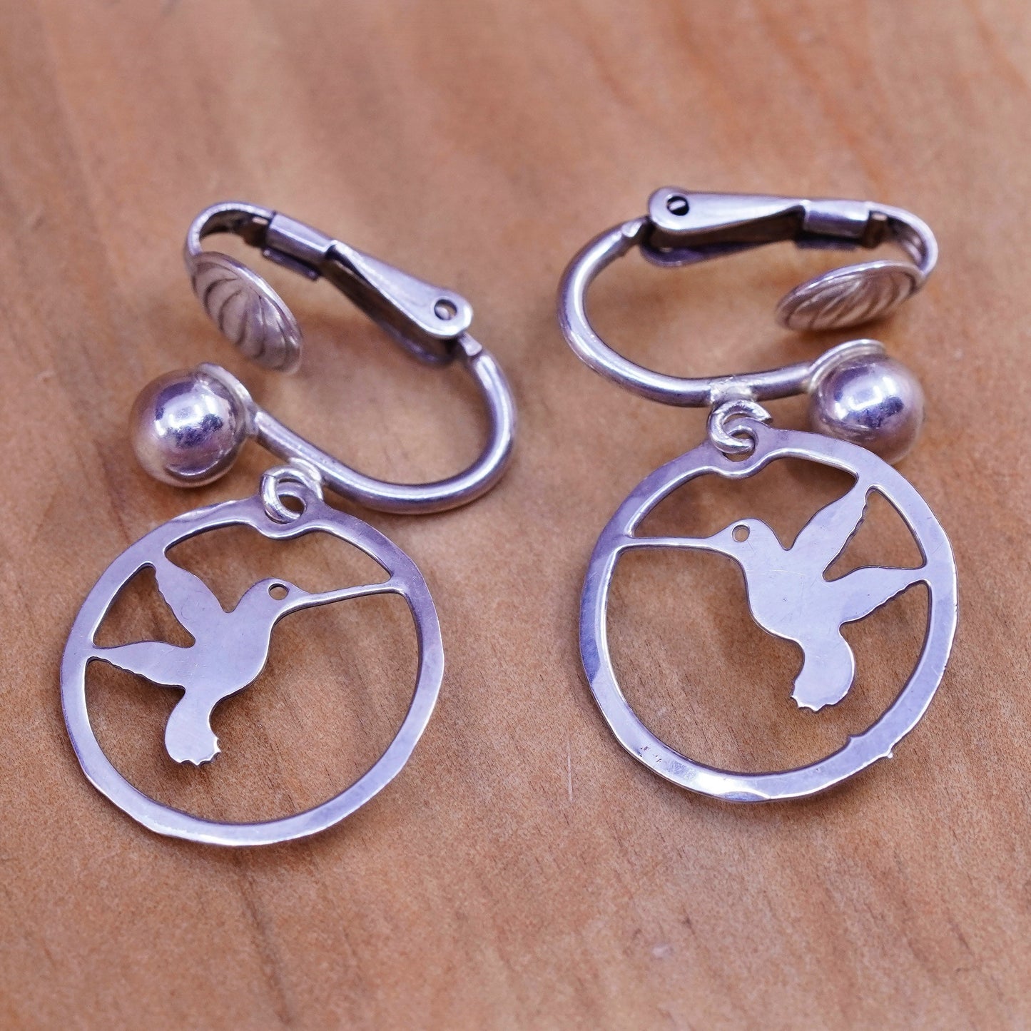 Vintage Sterling silver handmade clip on, 925 hummingbird bird earrings