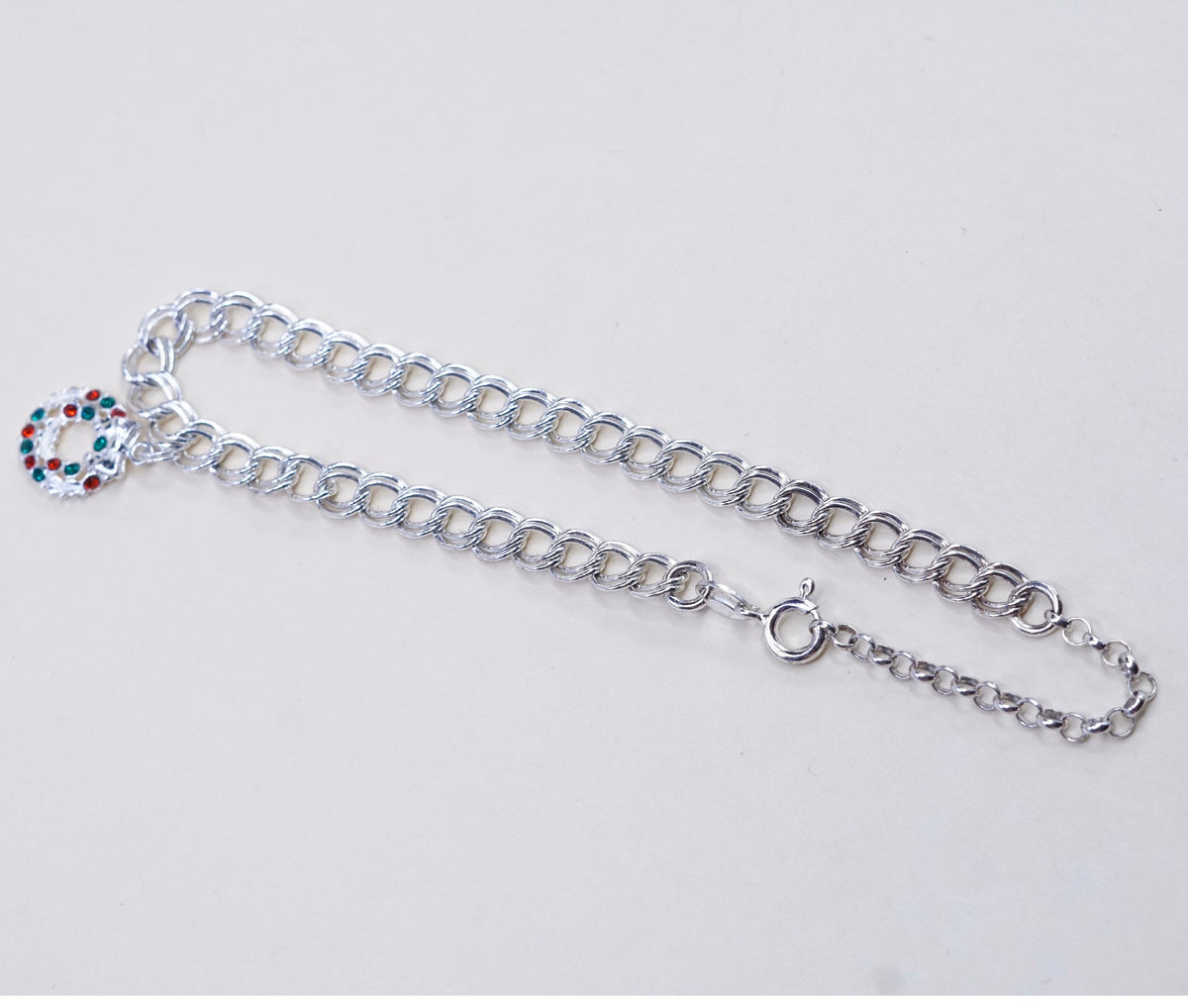 9.5”, sterling silver double curb bracelet anklet, italy 925 w/ wreath charm