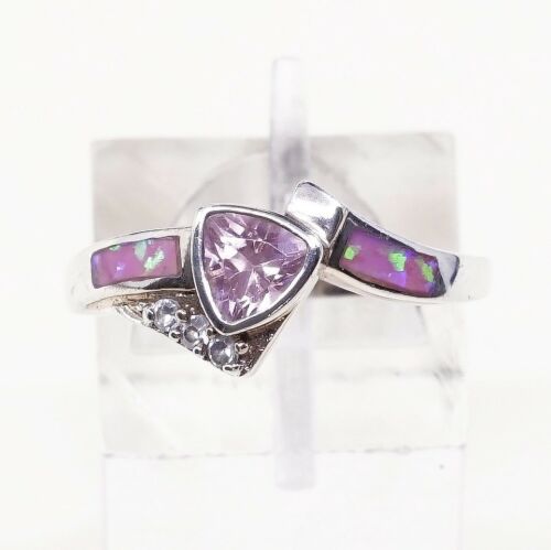 Sz 7.25, Vtg Sterling 925 Silver Ring W/ Pink Heart Cz N Opal Inlay, Stamped 925