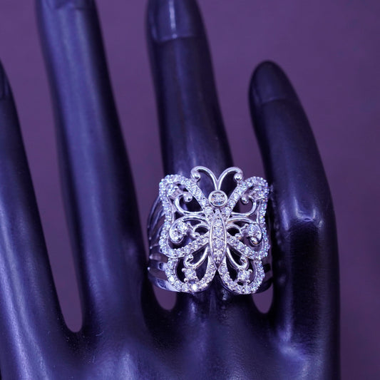 Size 10, vintage SJD Sterling silver ring, 925 butterfly with cluster Cz