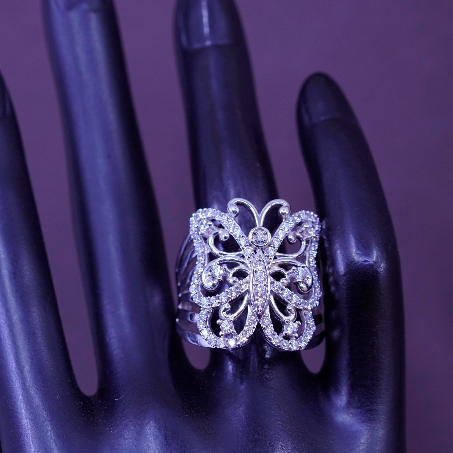 Size 10, vintage SJD Sterling silver ring, 925 butterfly with cluster Cz