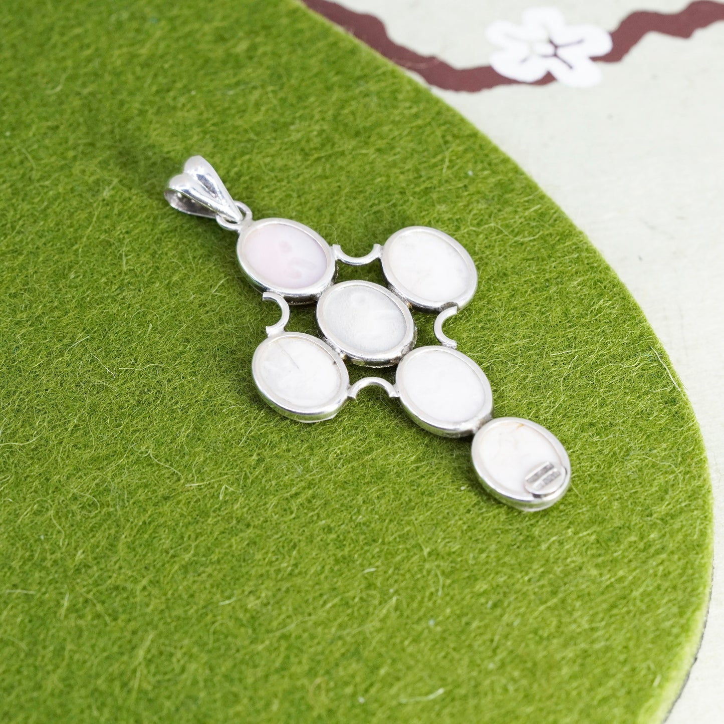 Italy sterling 925 silver handmade cross pendant w/ pink cameo mother of pearl