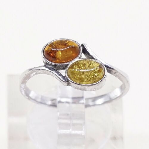 Sz 6.75, Orangle Amber Cabochon Sterling Silver Solitaire Ring, Silver Tested