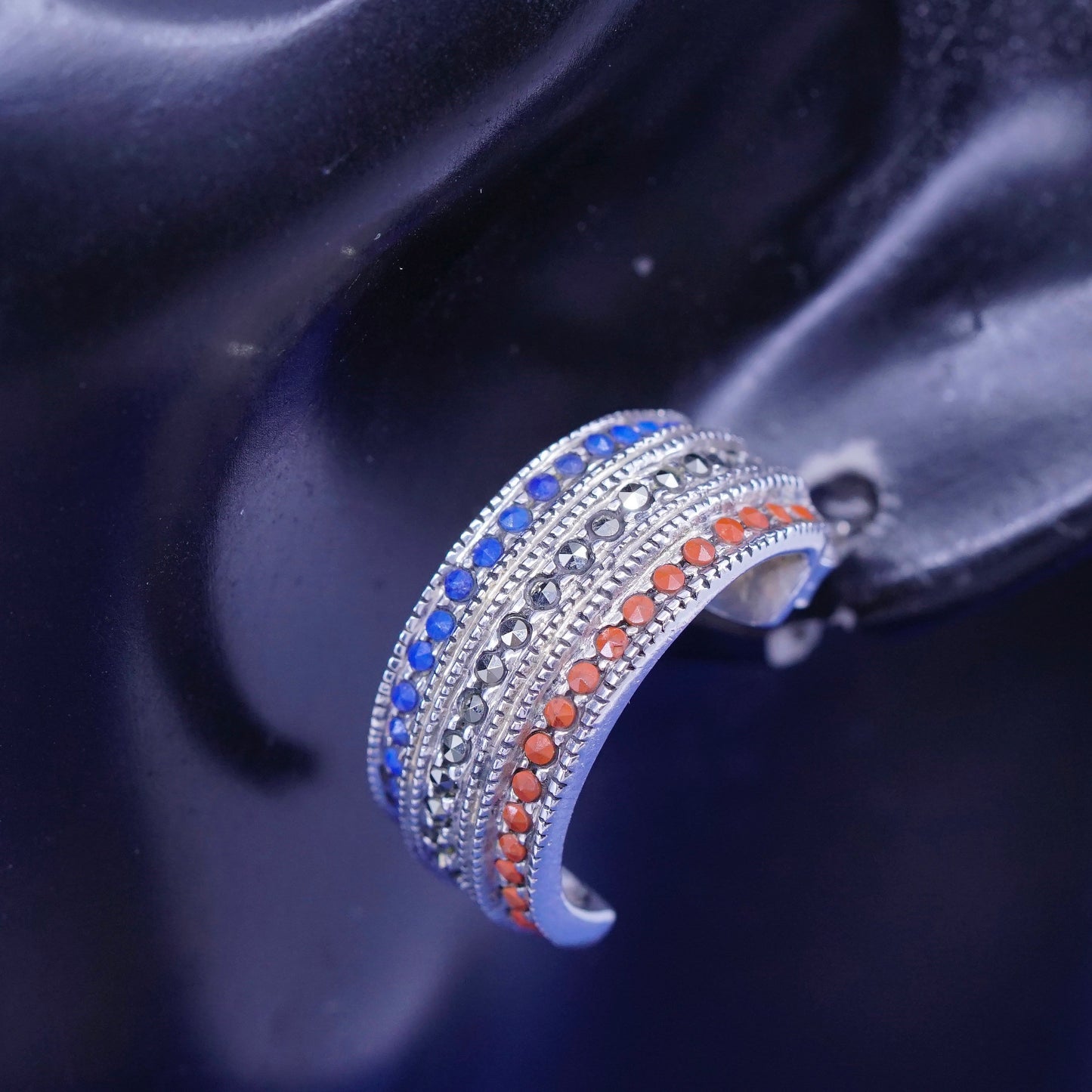 0.75”, Sterling silver earrings, 925 Huggie hoops w/ marcasite ruby Sapphire