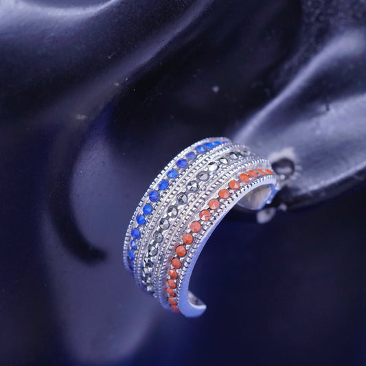 0.75”, Sterling silver earrings, 925 Huggie hoops w/ marcasite ruby Sapphire