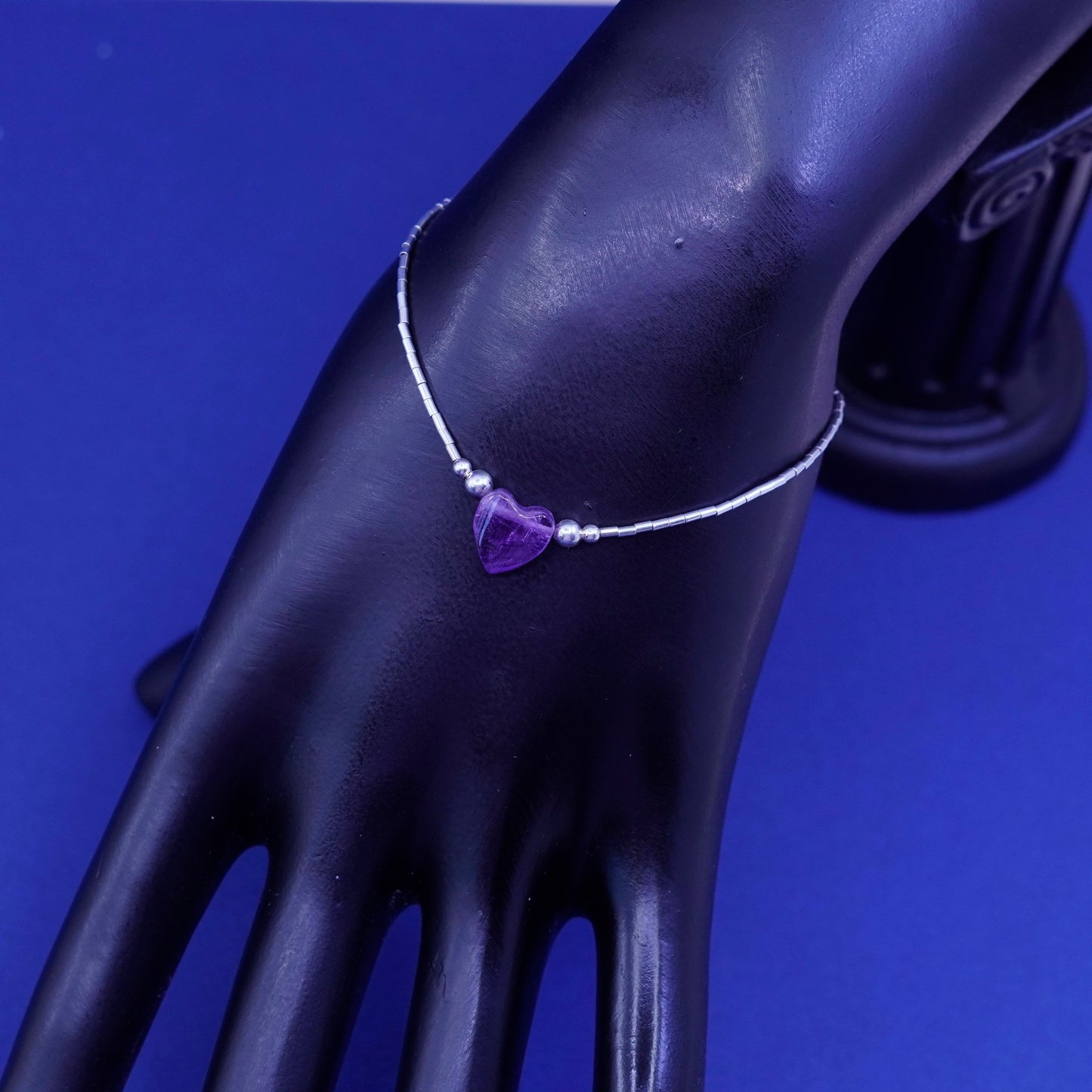 6.25”, vtg sterling handmade bracelet, 925 liquid silver chain amethyst heart