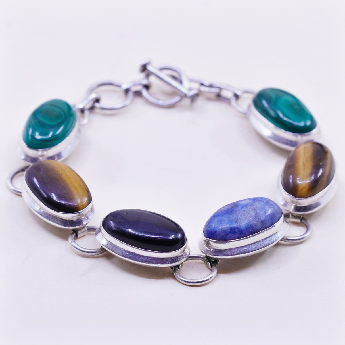 6.75+1”, Sterling silver handmade bracelet, Mexico 925 sodalite onyx tiger eye