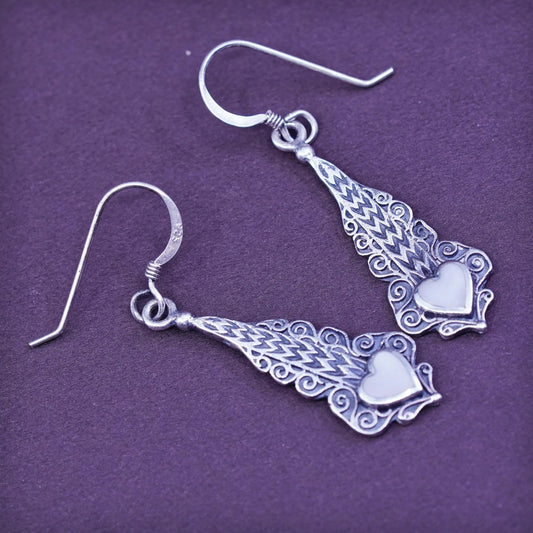 Sterling silver handmade earrings filigree 925 dangles w/ heart mother of pearl