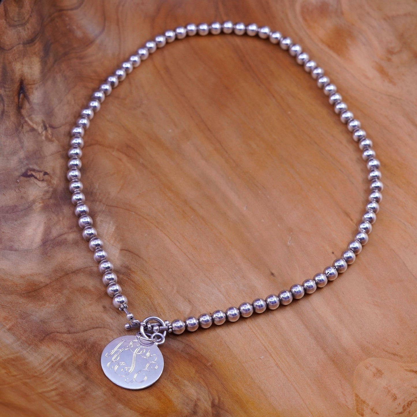18”, Sterling silver necklace, 925 bead chain with tag monogram ”HSE” pendant