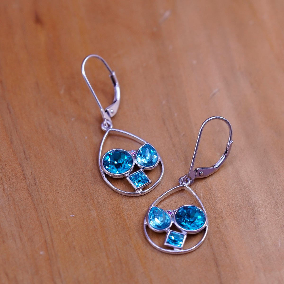 Vintage Sterling 925 silver handmade teardrop earrings with blue rhinestone