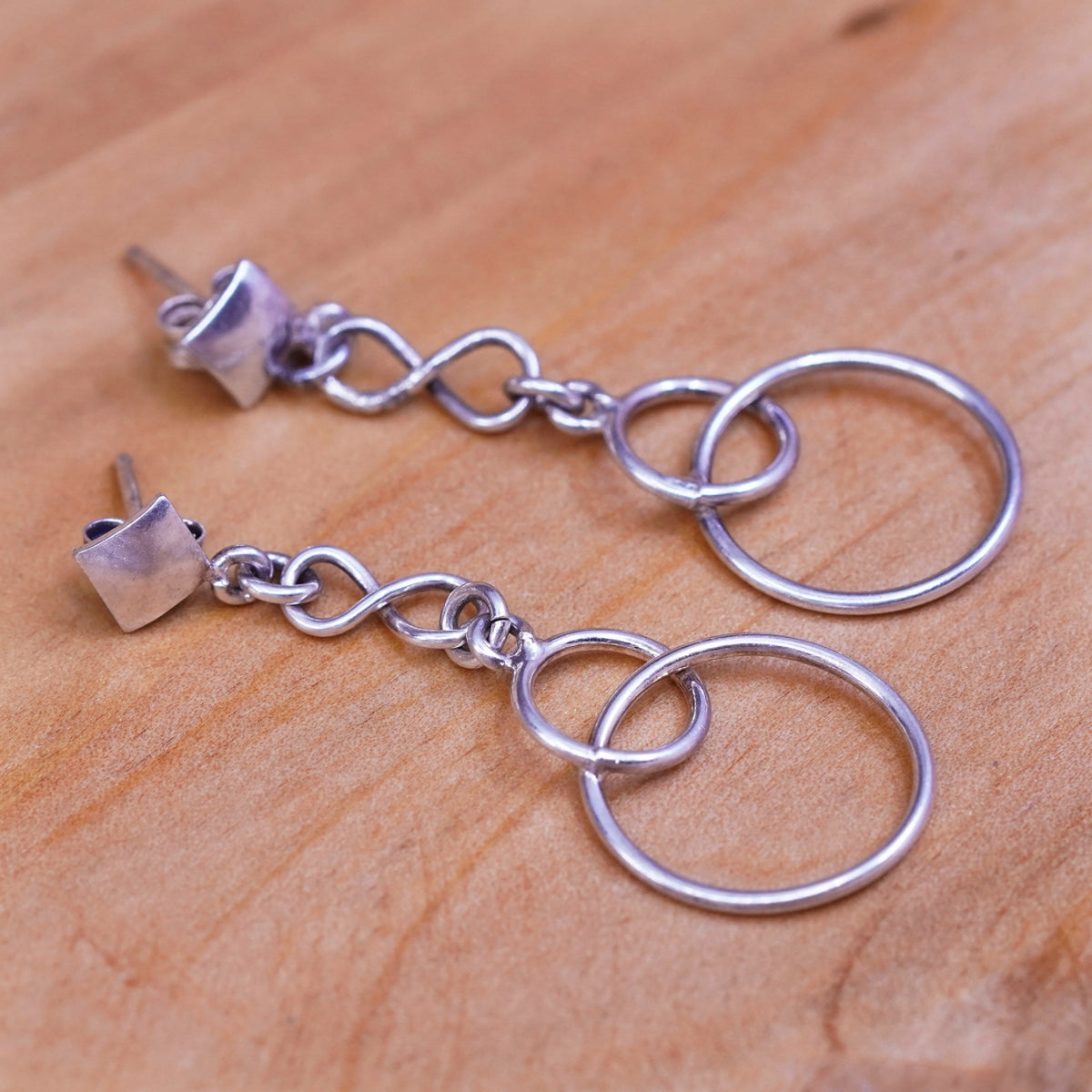 Vintage Sterling silver handmade earrings, 925 entwined circles dangle