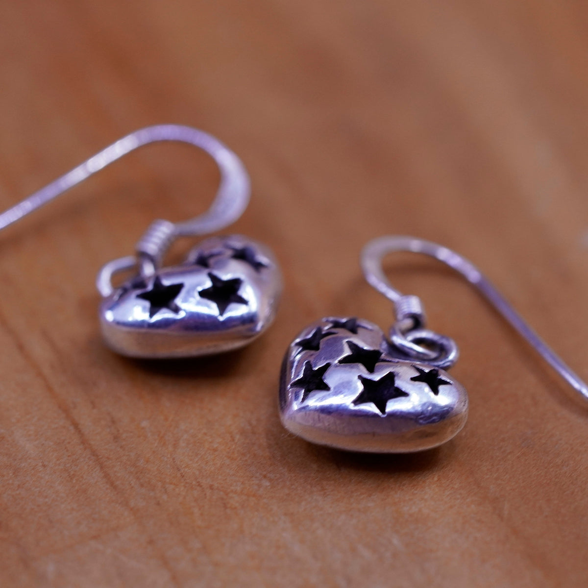 Vintage Sterling silver handmade earrings, 925 heart drops with star cut out