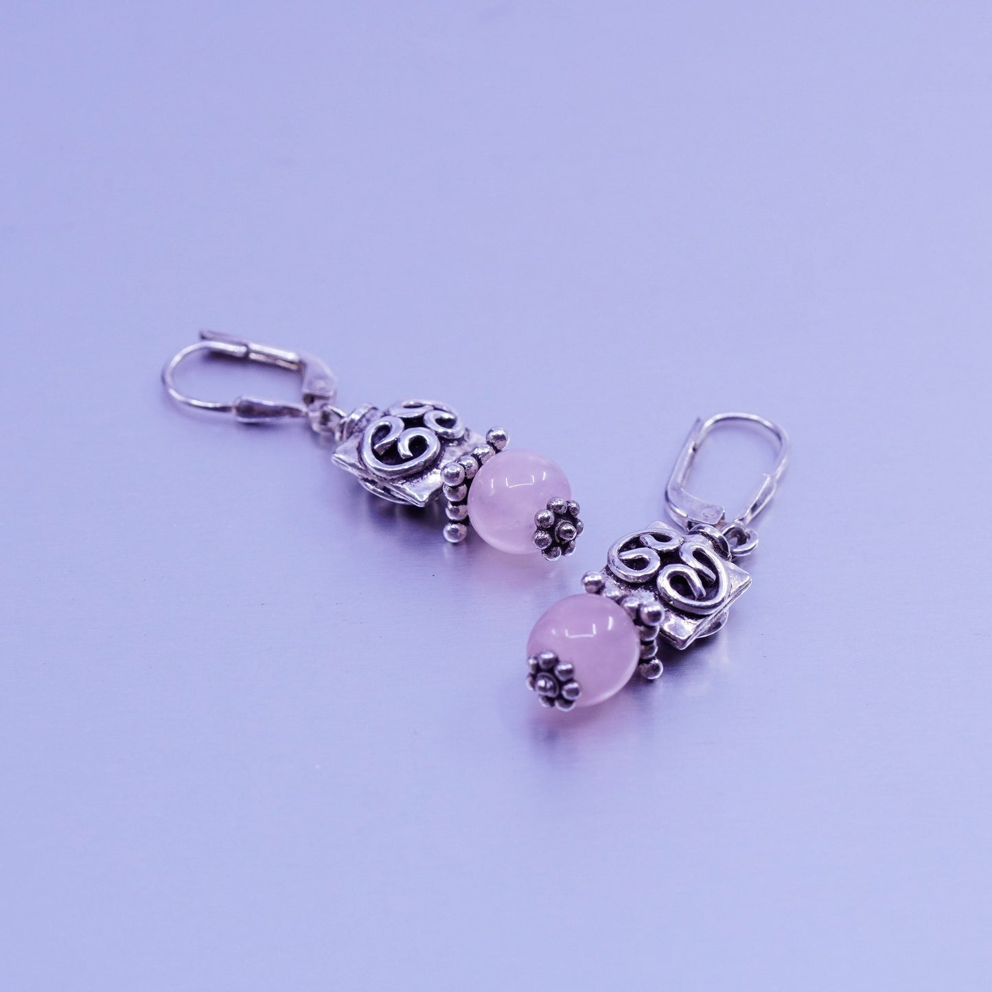 Vintage Sterling 925 silver handmade filigree earrings with pink rose quartz
