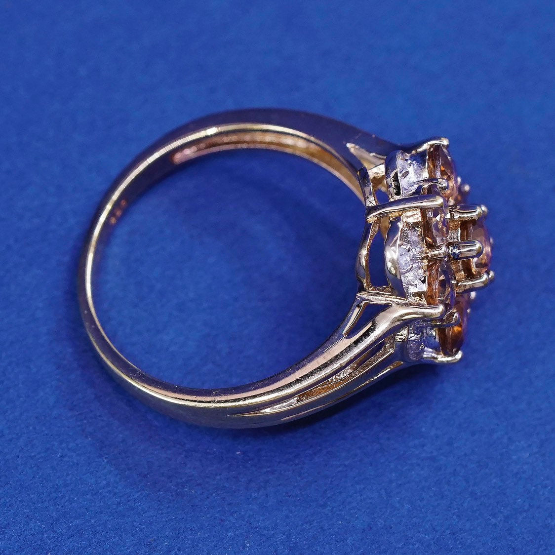 sz 7.25, vermeil gold sterling silver ring, 925 w/ orange topaz flower diamond