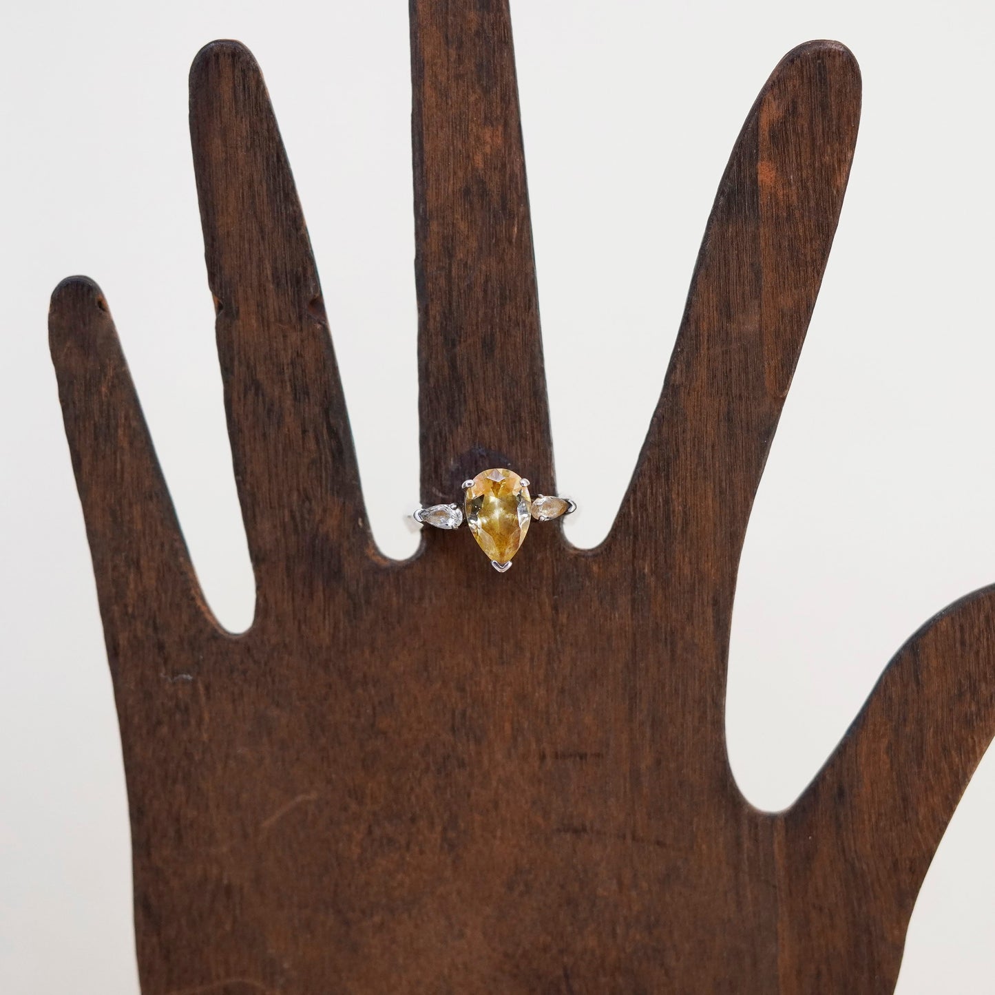 Size 8, vintage Sterling 925 silver handmade ring with teardrop citrine and cz