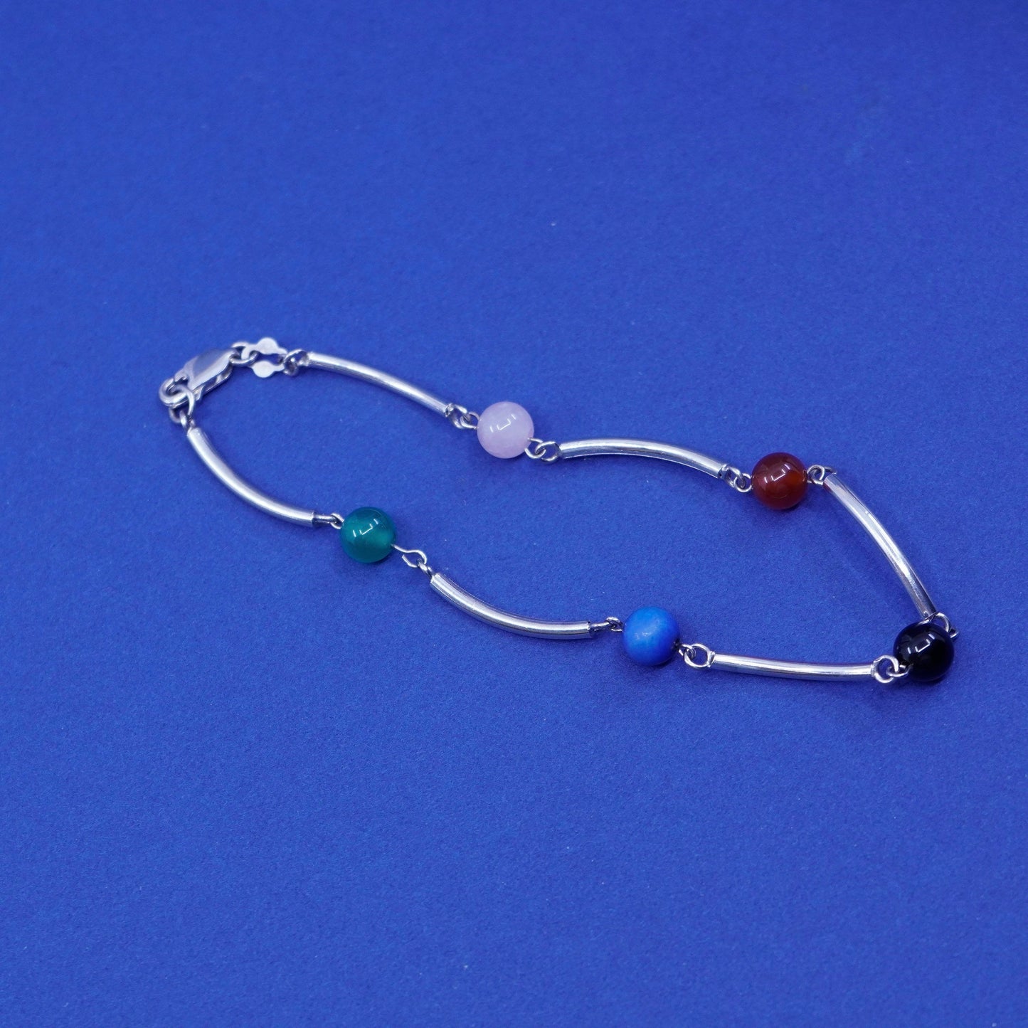 7.75”, Sterling silver bracelet, 925 bar w/ carnelian jade obsidian beads