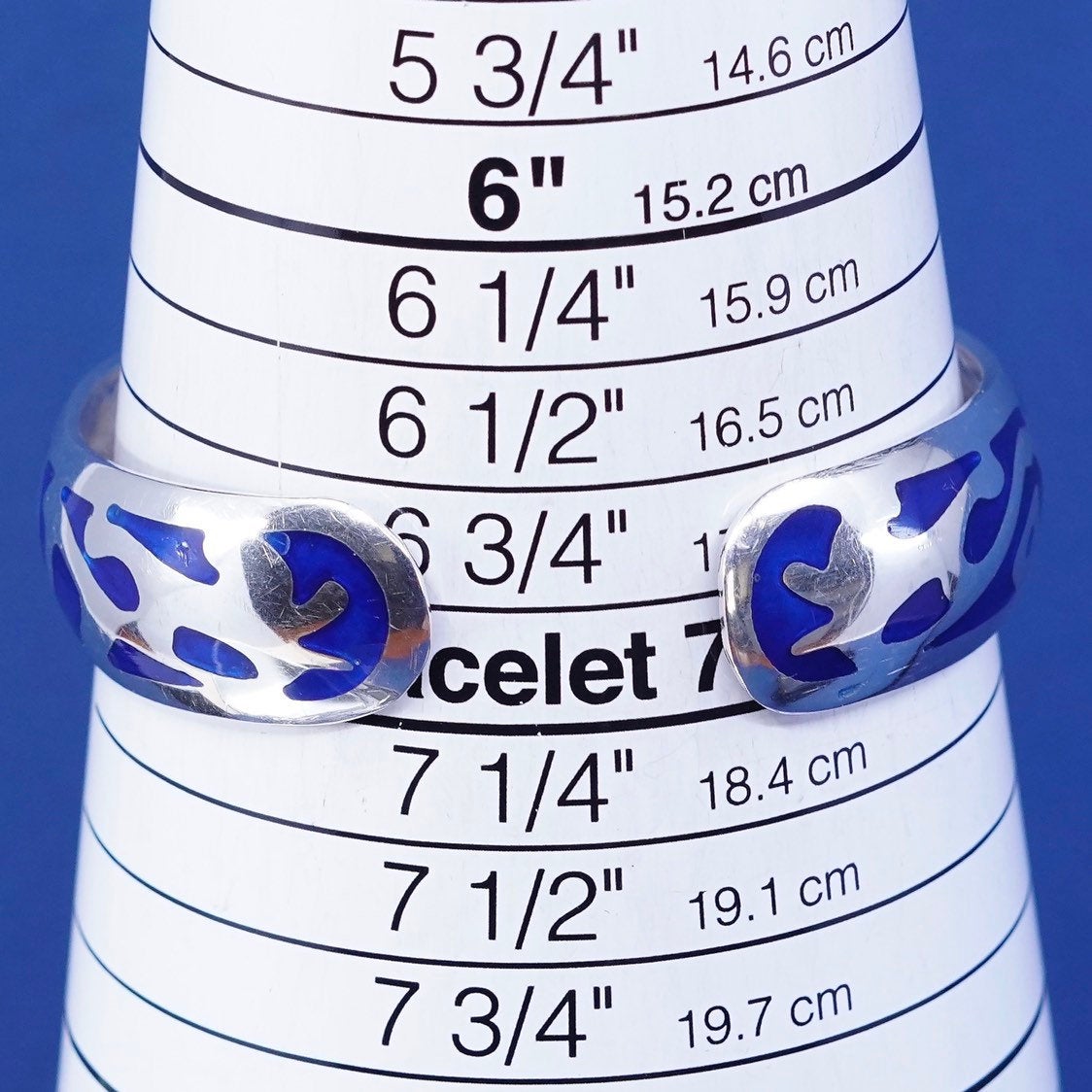 7", vtg Sterling silver handmade bracelet, 925 cuff w/ blue enamel