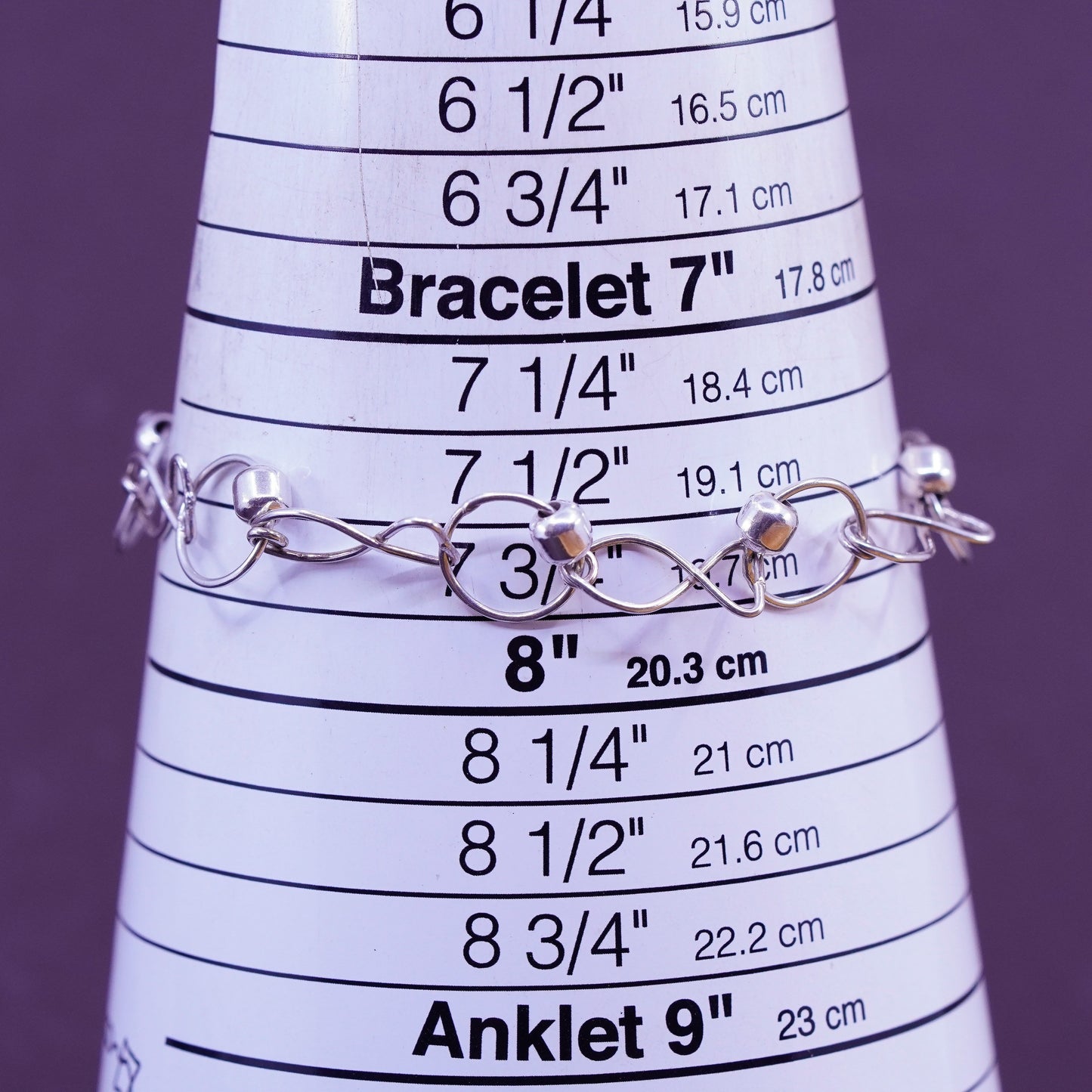 7.75”, vintage Sterling silver handmade bracelet, 925 fish link chain beads