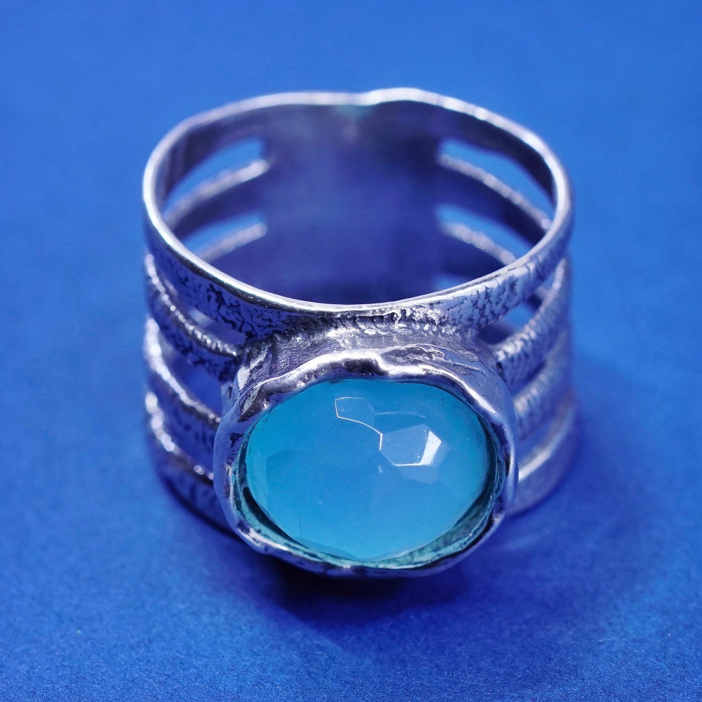 sz 9.5, vtg Israel sterling 925 silver handmade ring with aqua blue chalcedony