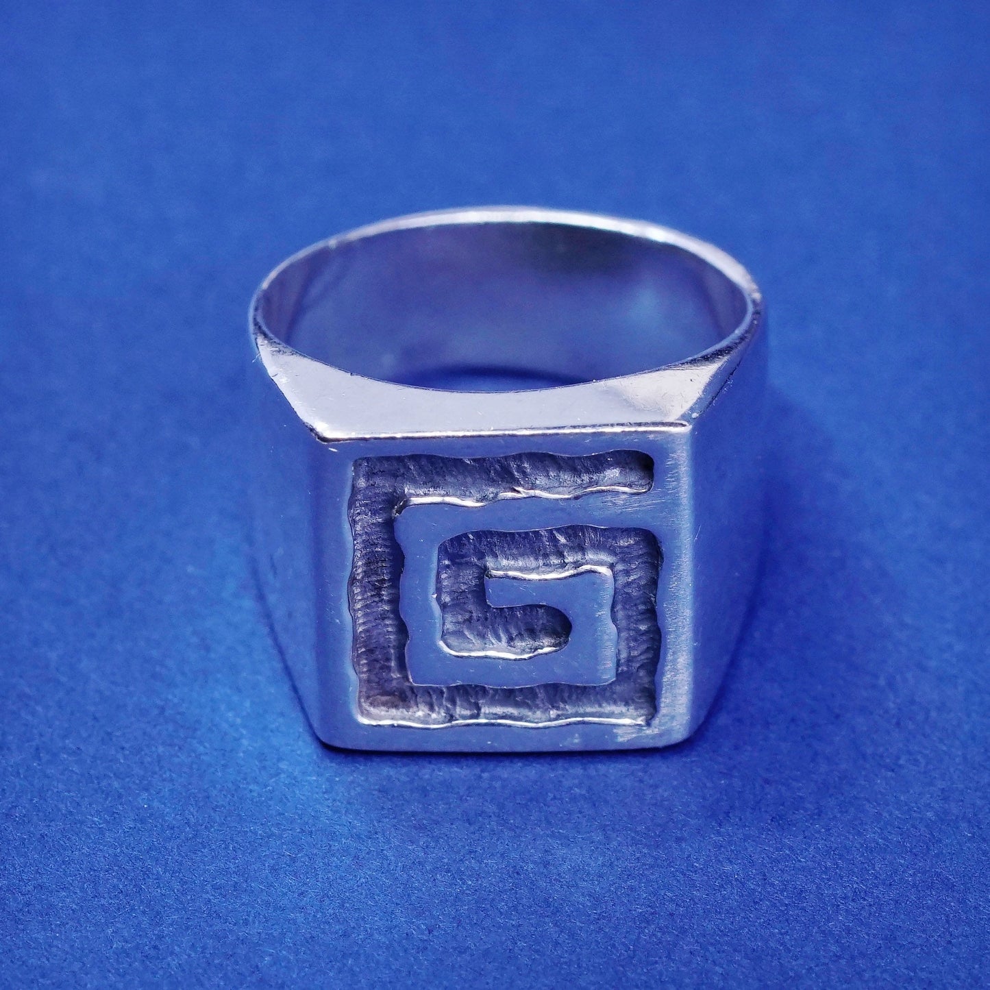 Size 7, vtg Sterling silver handmade ring, hopi 925 statement band w/ Greek key