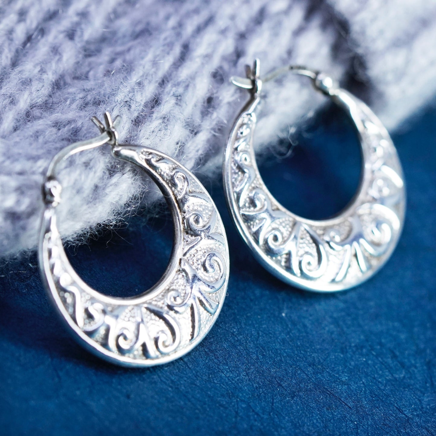 1”, Sterling silver handmade earrings, textured 925 hoops, huggie